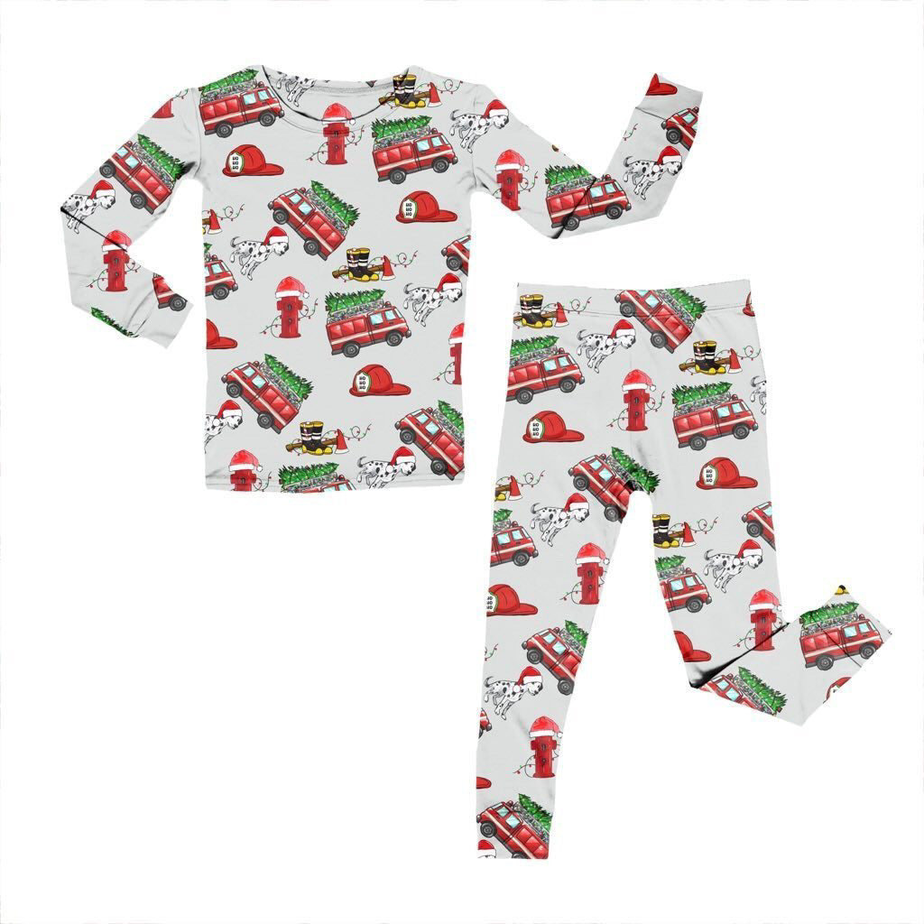 Bamboo Two Piece Pajama Set, Christmas Fire Trucks