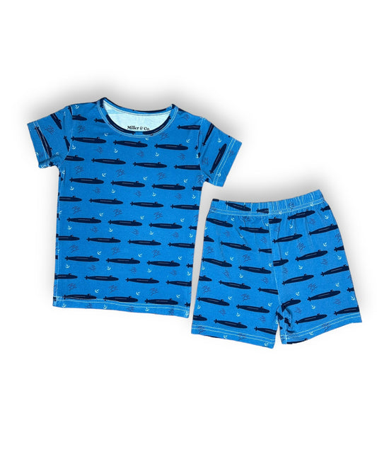 Bamboo Two Piece Short Sleeve & Shorts Pajama Set, Navy Submarine