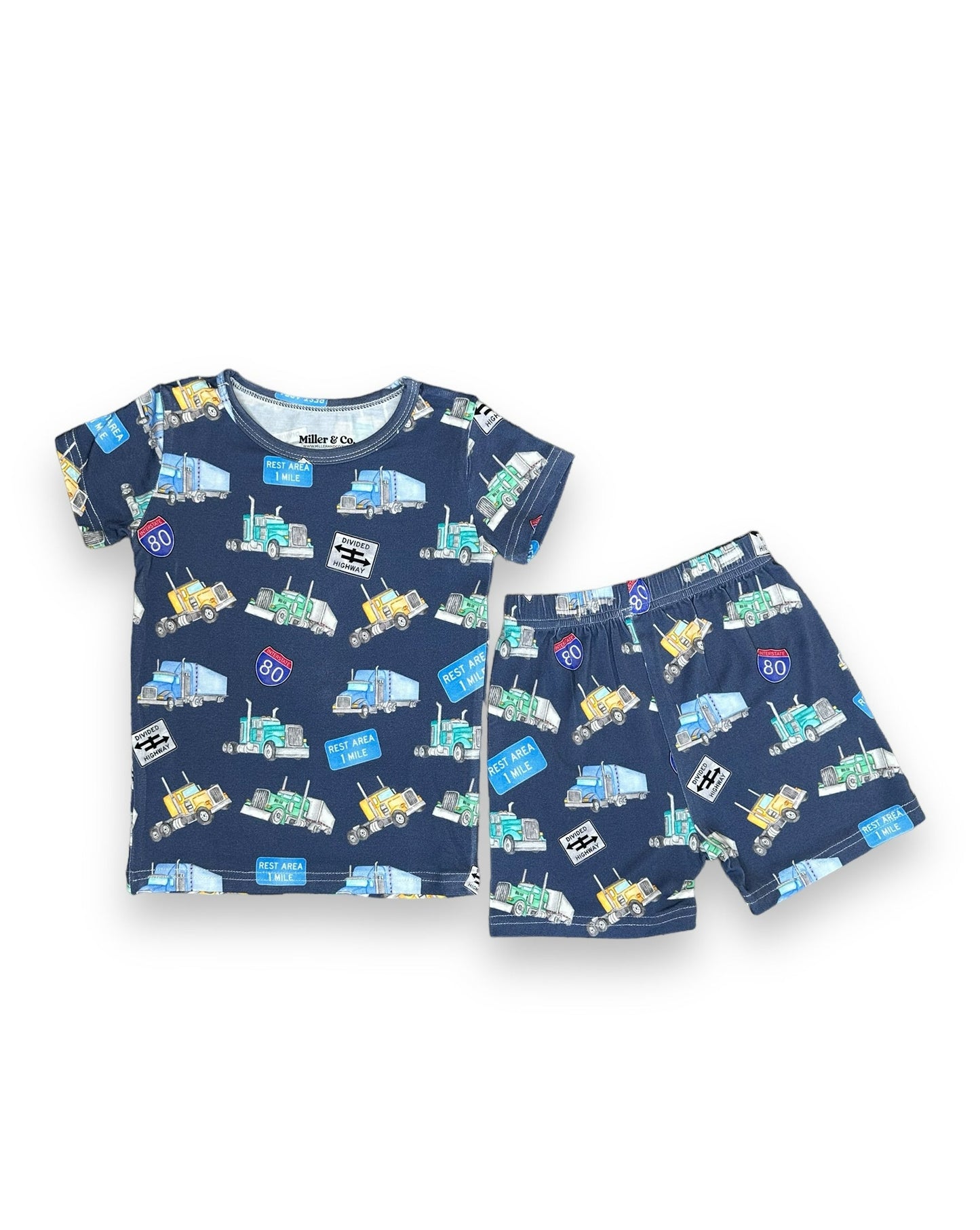 Bamboo Two Piece Short Sleeve & Shorts Pajama Set,  Semi Trucks