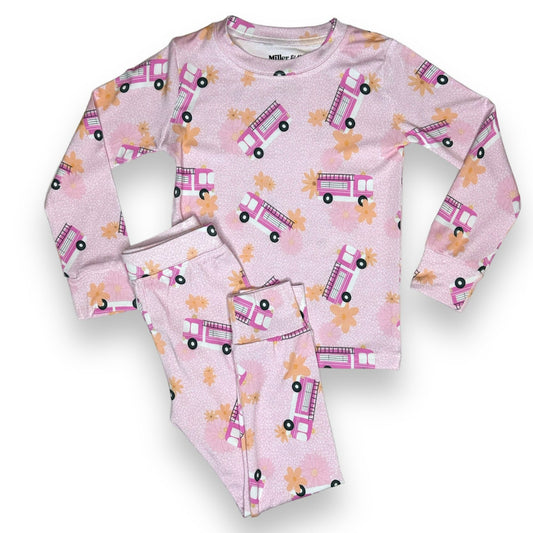 Bamboo Two Piece Pajama Set, Pink Fire Trucks