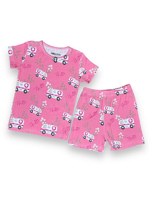 Bamboo Two Piece Short Sleeve & Shorts Pajama Set,  Pink EMS