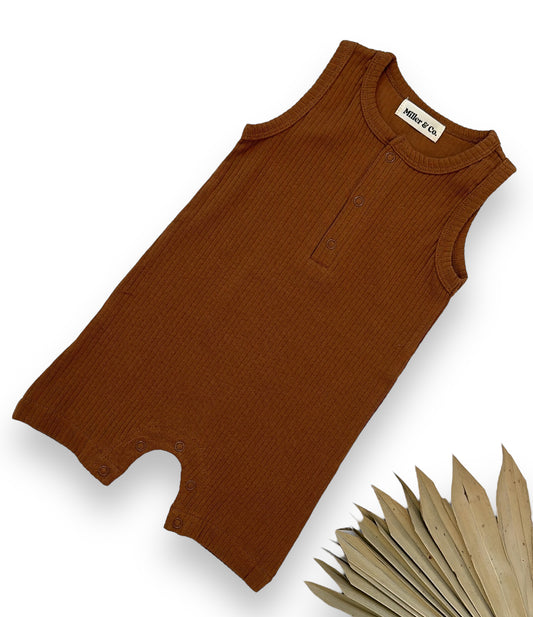 Sleeveless Ribbed Romper, Camel