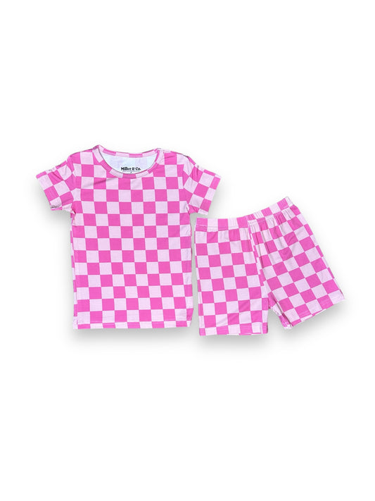 Checkered Pink Firefighter, Bamboo Two Piece Short Sleeve & Shorts Pajama Set