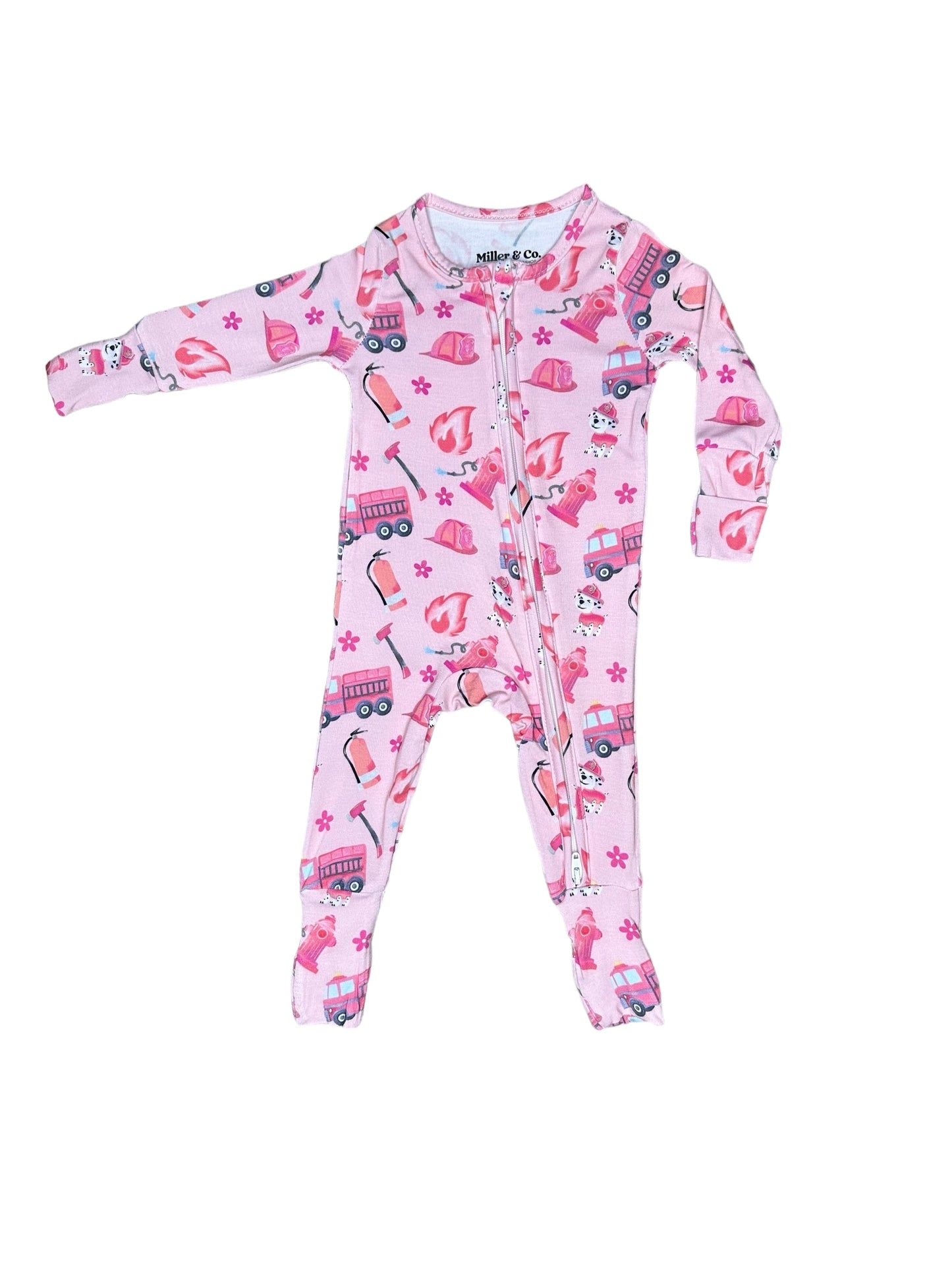 Pink Firefighter  Bamboo Zipper Footie