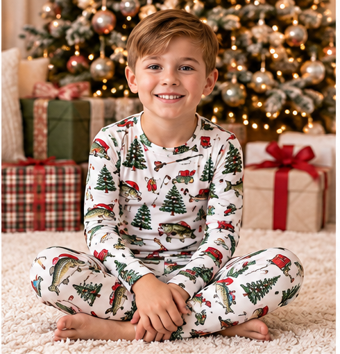 Christmas Fishing Kids Two-Piece Long Sleeve