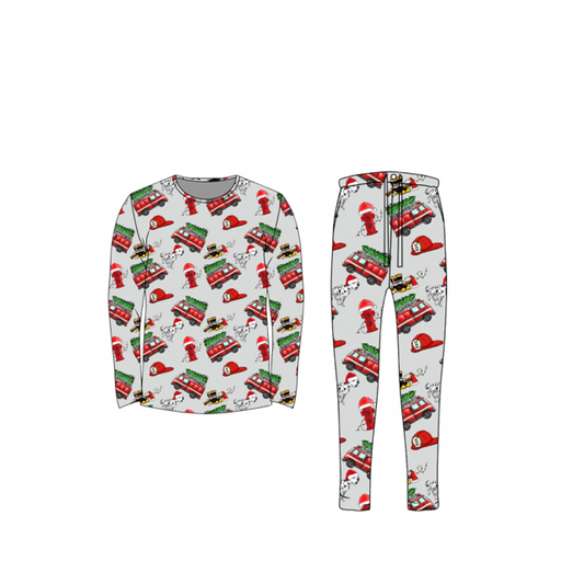 Bamboo Adult Two Piece Pajama Set, Christmas fire trucks