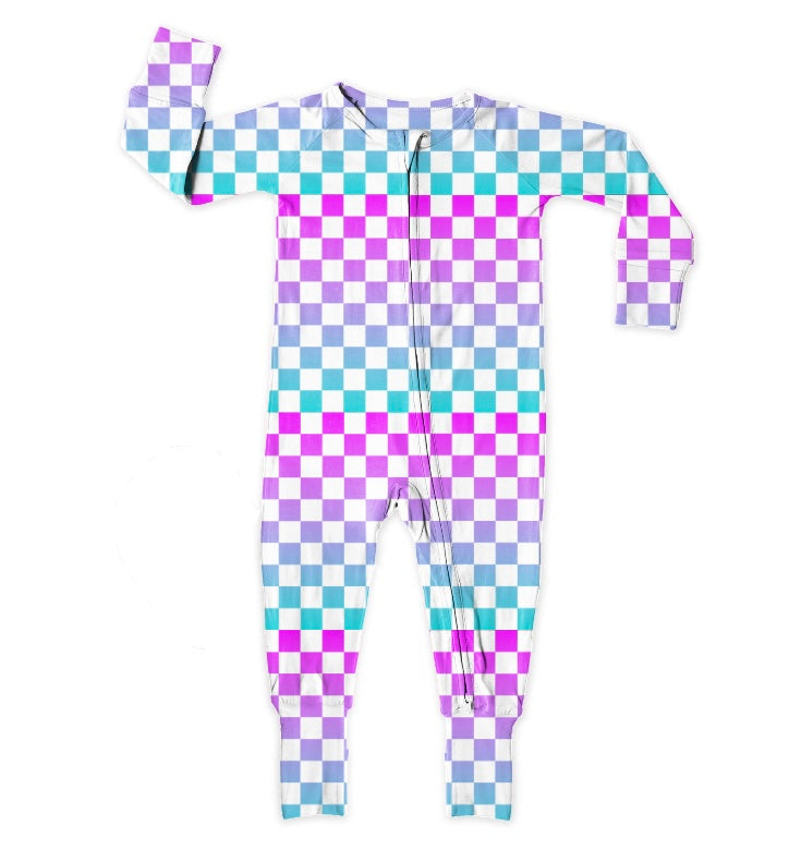 Checkered Little Lady Musician, Bamboo Zipper Footie