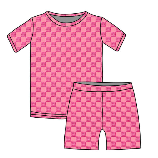 Checkered Pink Sheriff, Bamboo Two Piece Short Sleeve & Shorts Pajama Set