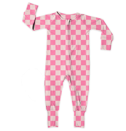 Checkered Pink Firefighter, Bamboo Zipper Footie